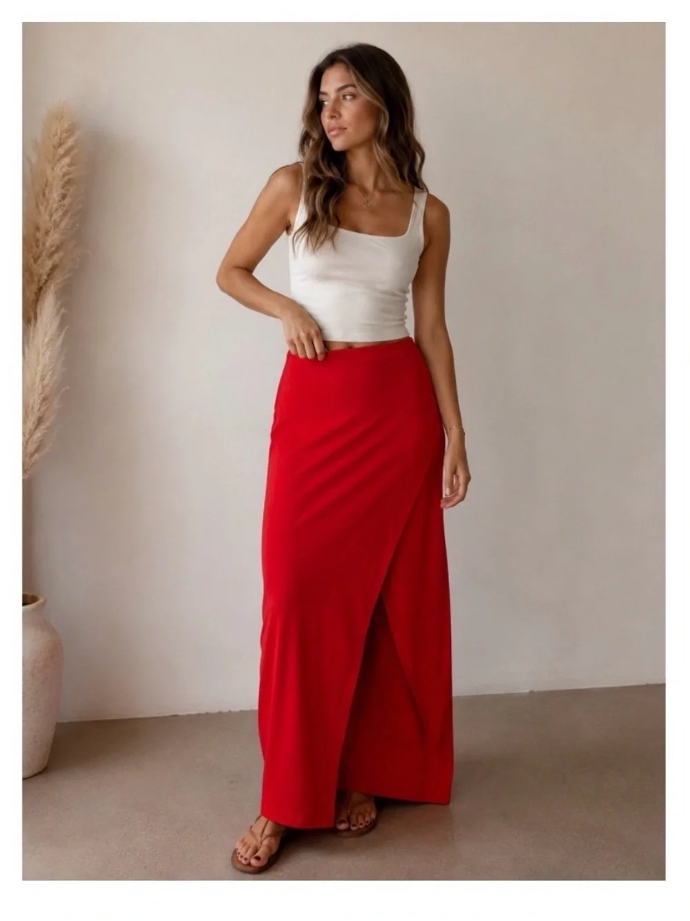 Susana Monaco Red Wrap Front High Slit Maxi Skirt XL Made in USA Stretch Nylon